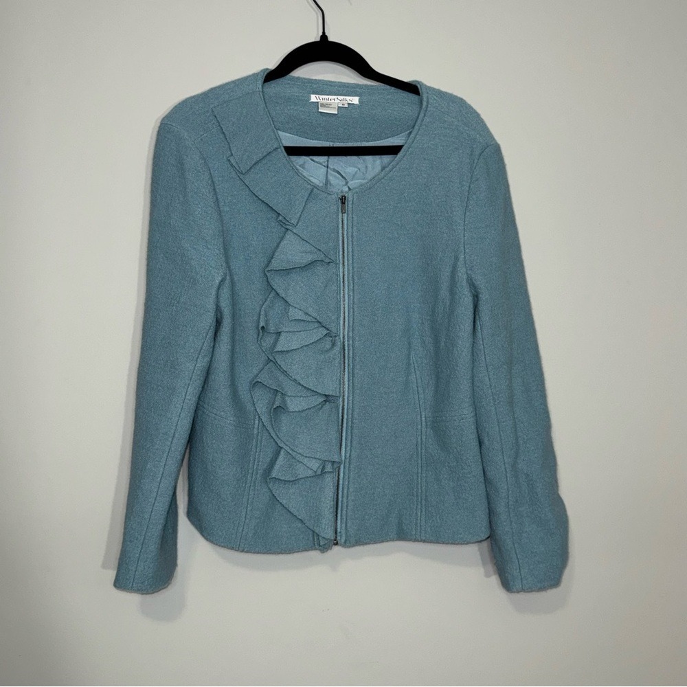 WinterSilks Womens 100% Wool Silk Lined Ruffle Zip Jacket Dusty Blue Medium M